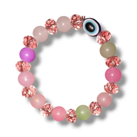 Clear Crystal Evil eye charm Pink, purple, and light green beads Bracelet