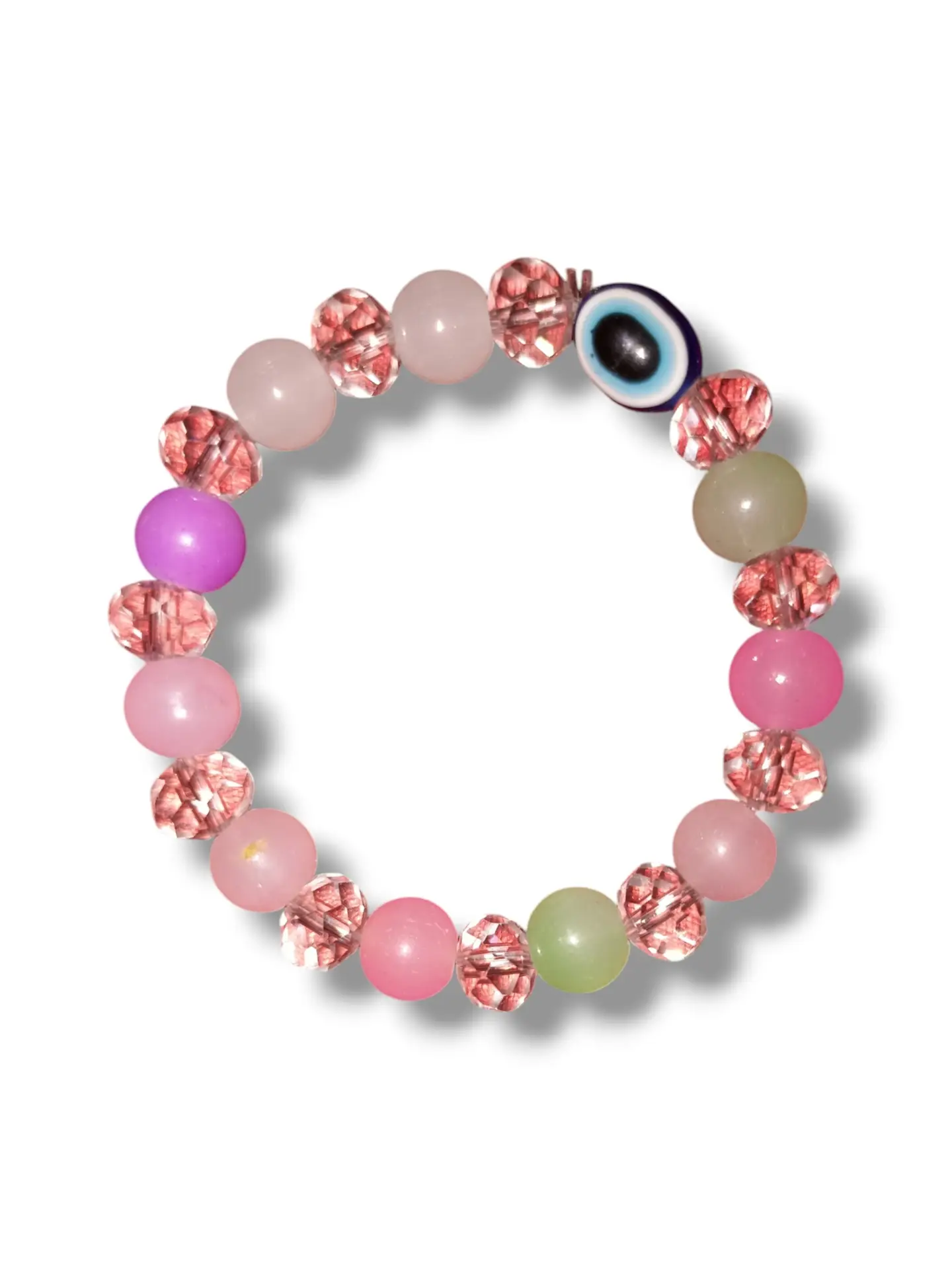 Clear Crystal Evil eye charm Pink, purple, and light green beads Bracelet