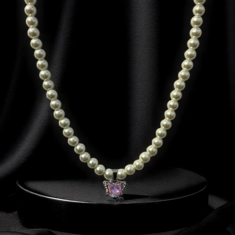 Elegant Pearl Necklace & Teardrop Earring Set with Pink & Clear Crystal Accents
