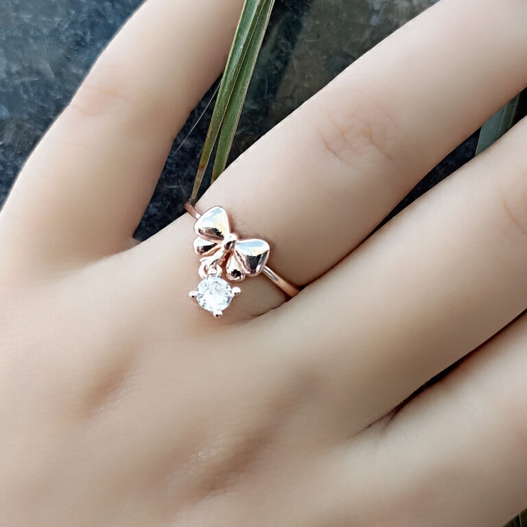 Rose Gold Bow & Dangle Zircon Ring