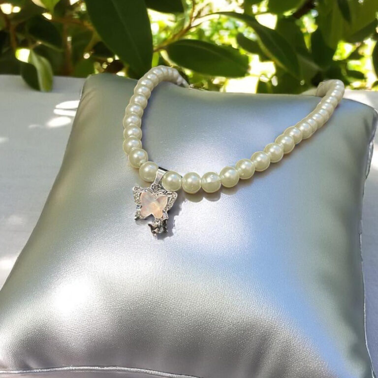 Elegant Pearl Necklace & Teardrop Earring Set with Pink & Clear Crystal Accents