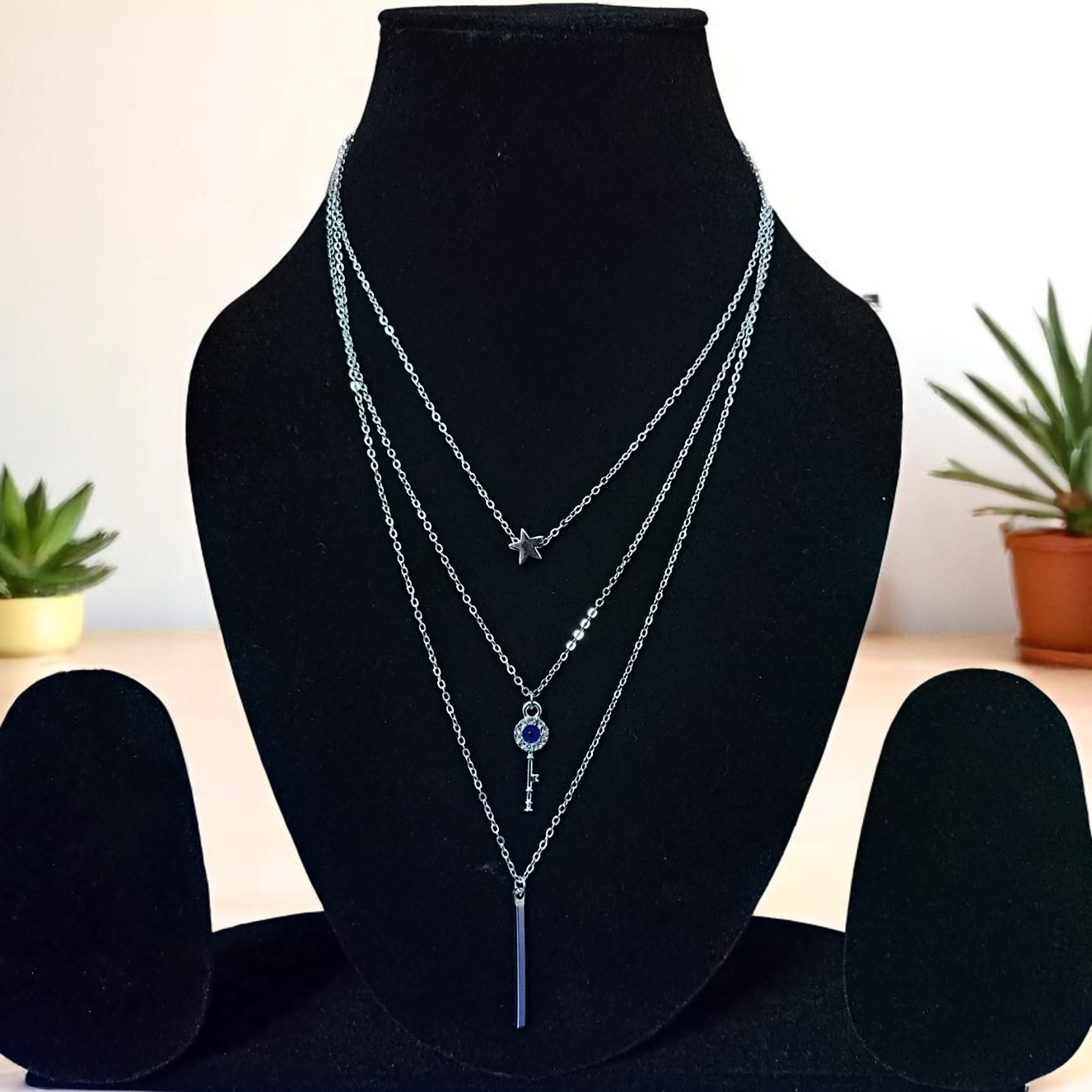 Multi-Layered Charm Necklace - Star, Key & Bar Pendants