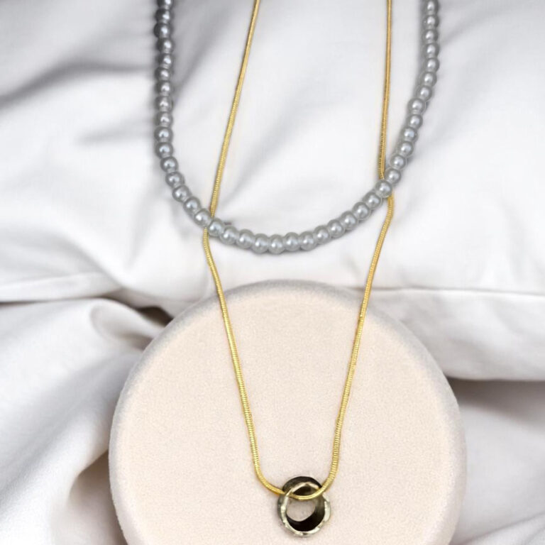 Layered Necklace: Pastel Beaded Strand & Gold-Tone Ring Pendant