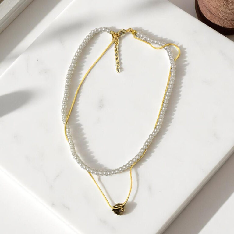 Layered Necklace: Pastel Beaded Strand & Gold-Tone Ring Pendant