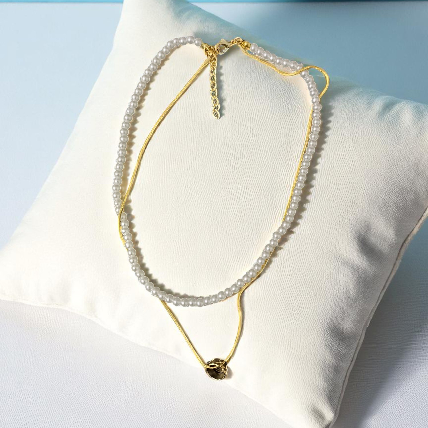 Layered Necklace: Pastel Beaded Strand & Gold-Tone Ring Pendant