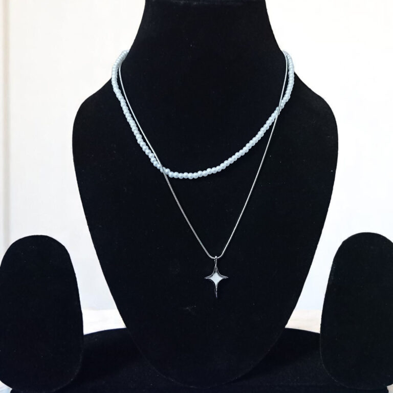 Elegant Layered Necklace: Pastel Beads & Silver Star Pendant