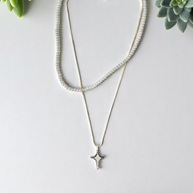 Elegant Layered Necklace: Pastel Beads & Silver Star Pendant