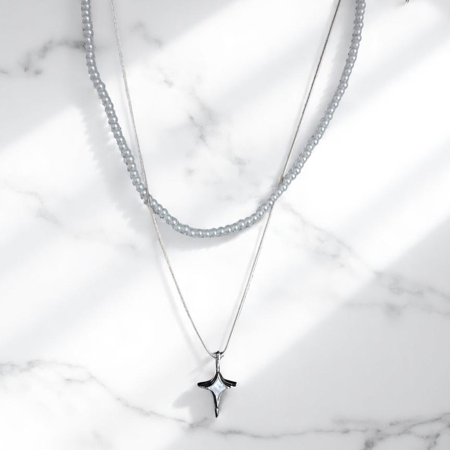 Elegant Layered Necklace: Pastel Beads & Silver Star Pendant