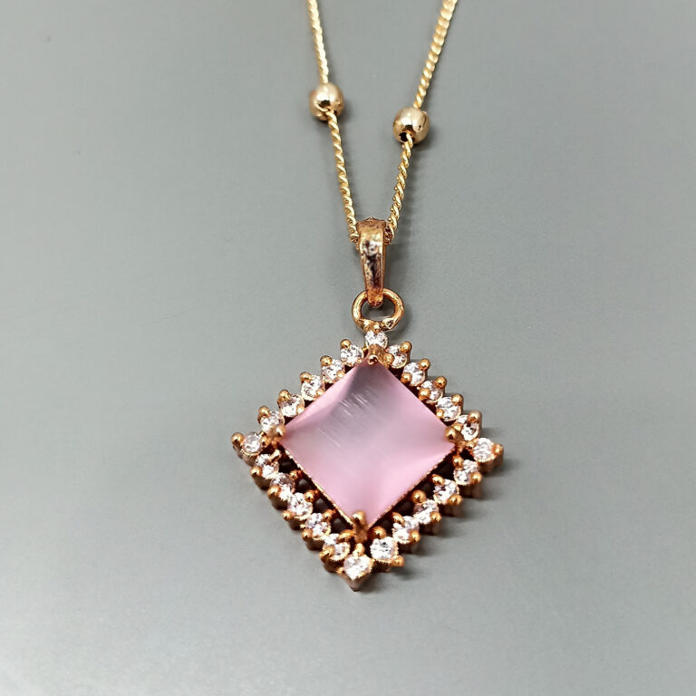 Romantic Rose Gold & Pink Zircon Square Pendant Necklace