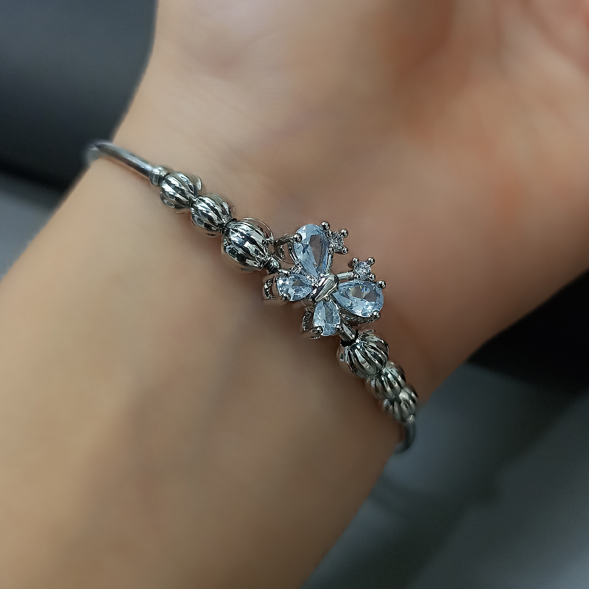 Dazzling Silver Butterfly Bracelet with Crystal Accents