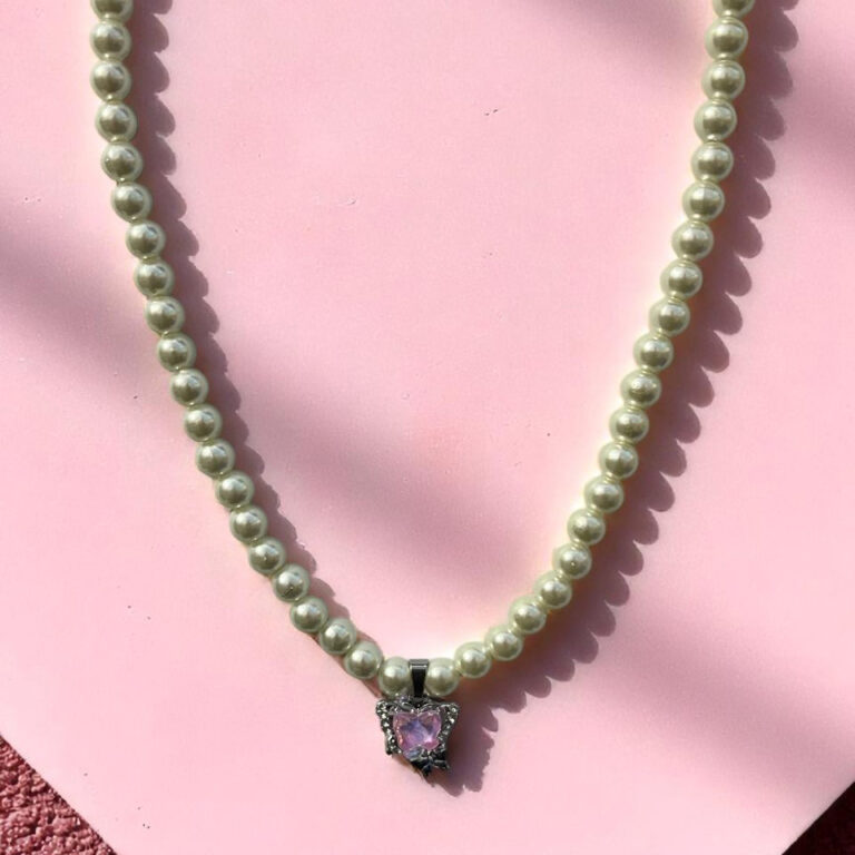 Elegant Pearl Necklace & Teardrop Earring Set with Pink & Clear Crystal Accents