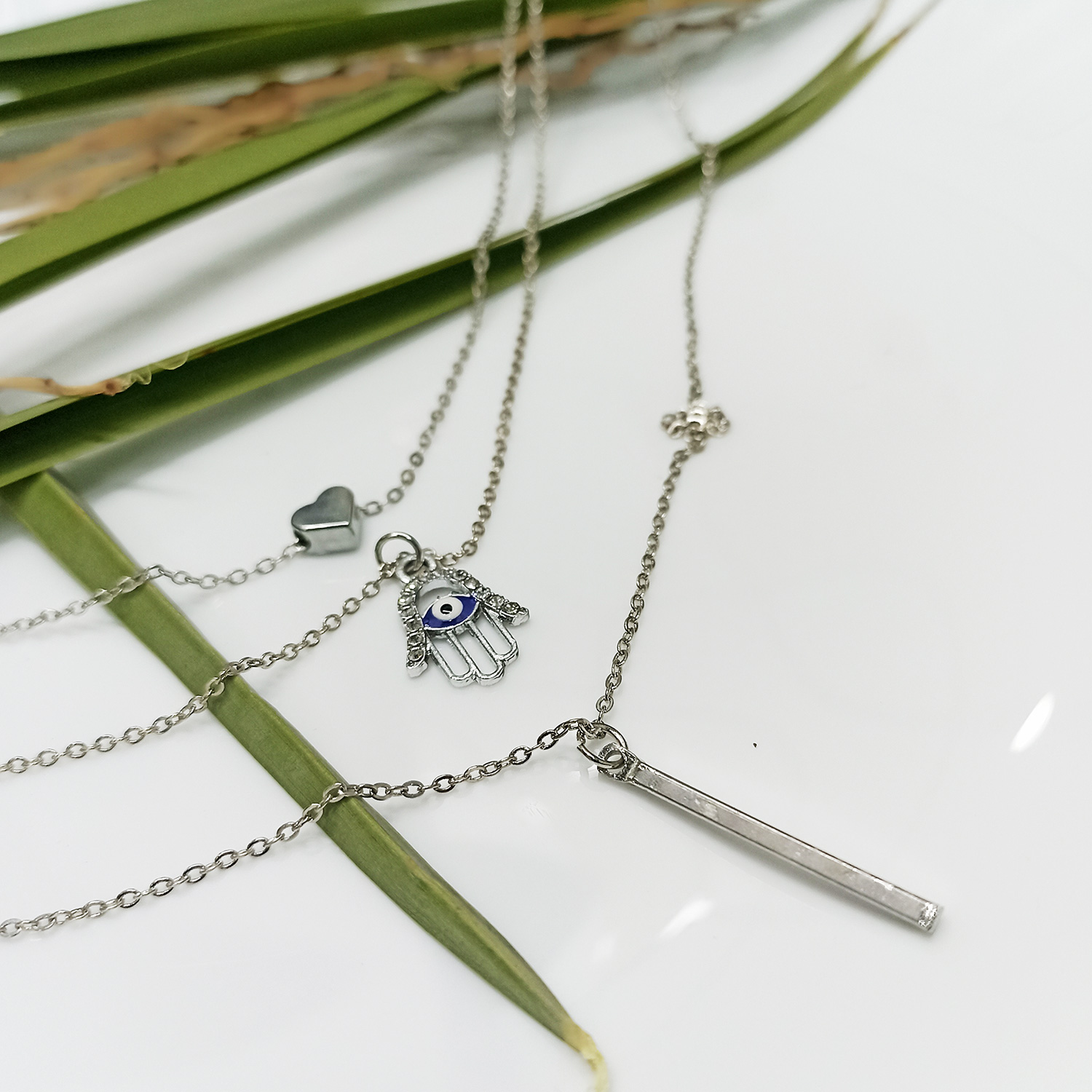Layered Silver Evil Eye & Charm Necklace for Protection & Style