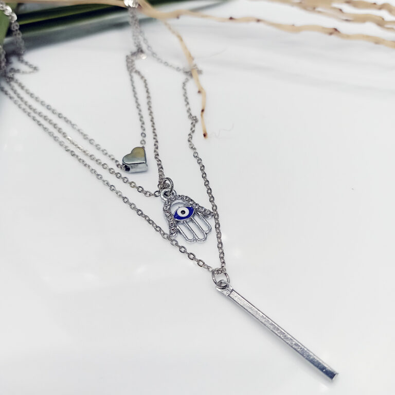 Layered Silver Evil Eye & Charm Necklace for Protection & Style