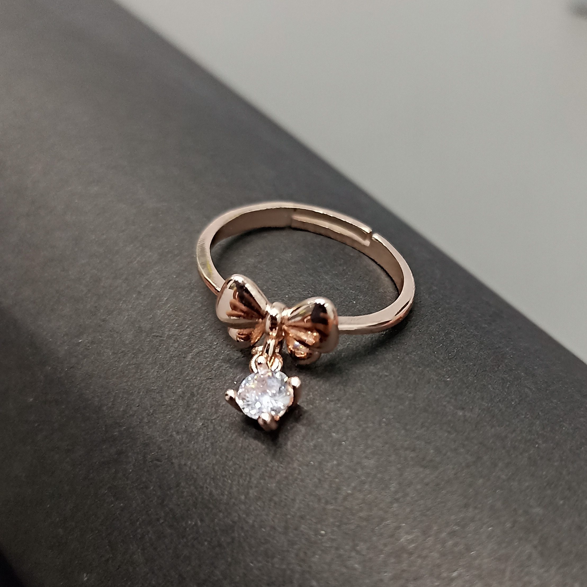 Rose Gold Bow & Dangle Zircon Ring