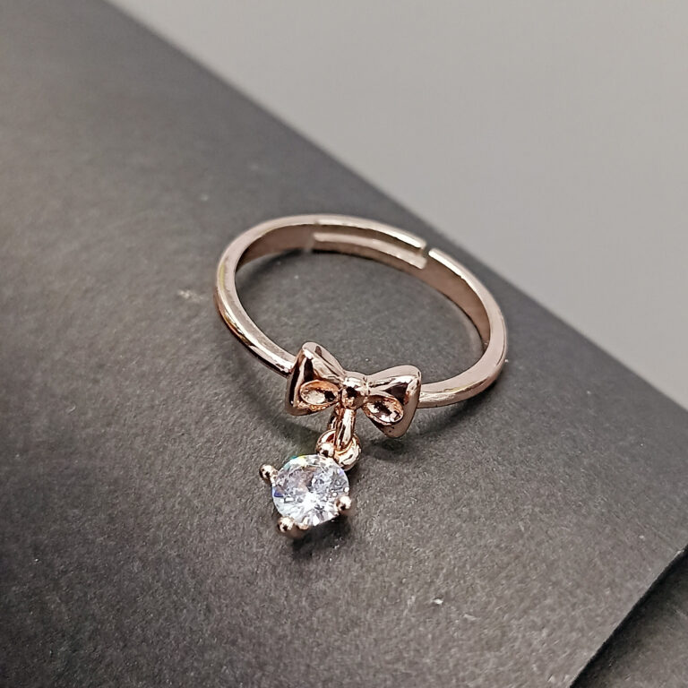 Elegant Rose Gold Bow & Zircon Dangle Ring